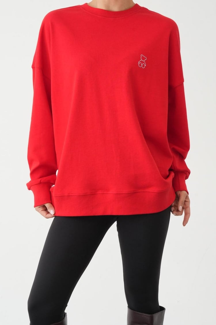 Kırmızı Göğüsü Mini Taşlı Sweatshirt