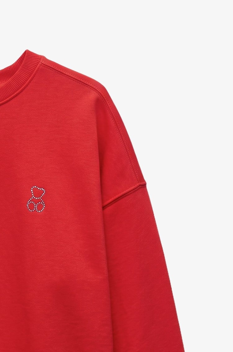 Kırmızı Göğüsü Mini Taşlı Sweatshirt