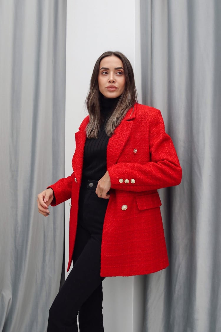 Kırmızı Gold Düğme Detaylı Blazer Ceket