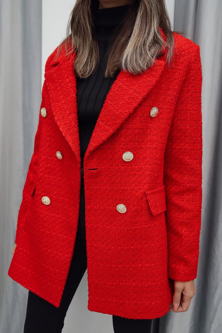 Kırmızı Gold Düğme Detaylı Blazer Ceket