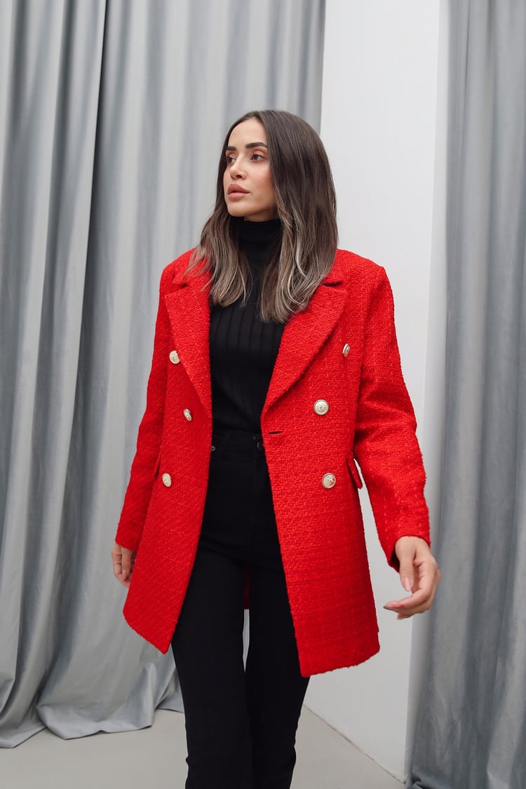 Kırmızı Gold Düğme Detaylı Blazer Ceket
