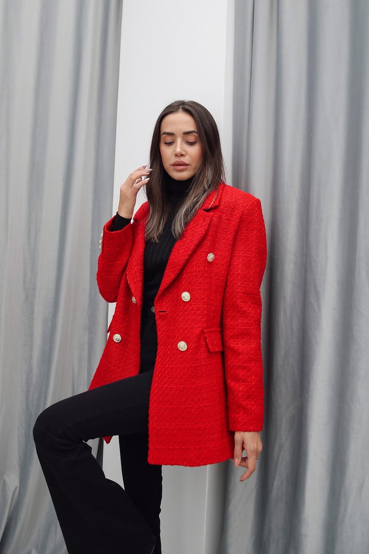Kırmızı Gold Düğme Detaylı Blazer Ceket