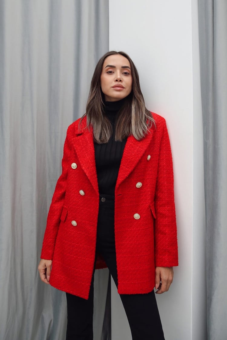 Kırmızı Gold Düğme Detaylı Blazer Ceket