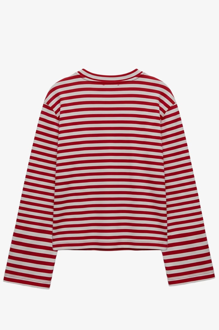 Kırmızı İnce Çizgili Geniş Kollu Sweatshirt