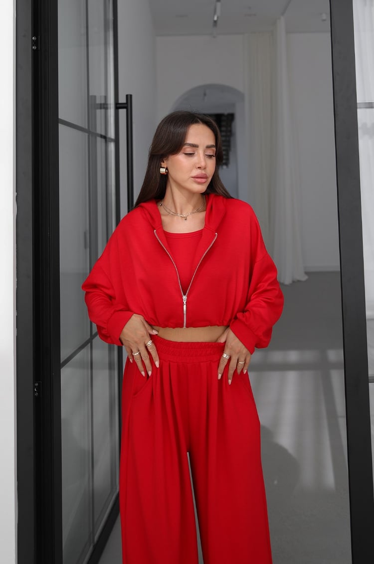 Kırmızı İp Büzgülü Sweat Atlet Pantolon Takım