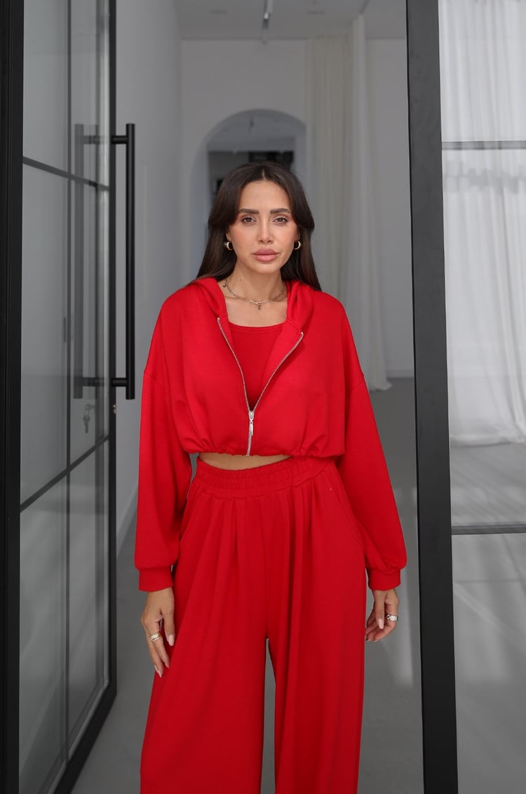 Kırmızı İp Büzgülü Sweat Atlet Pantolon Takım