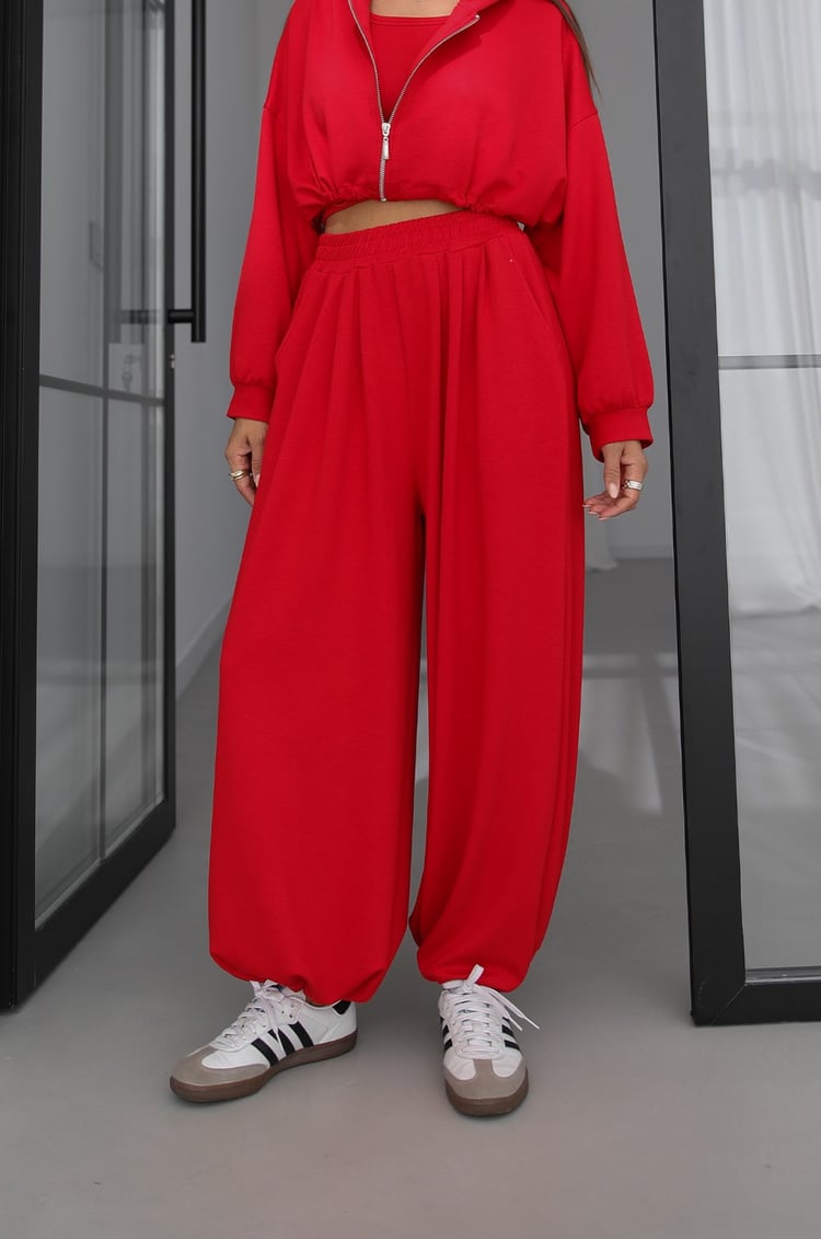 Kırmızı İp Büzgülü Sweat Atlet Pantolon Takım