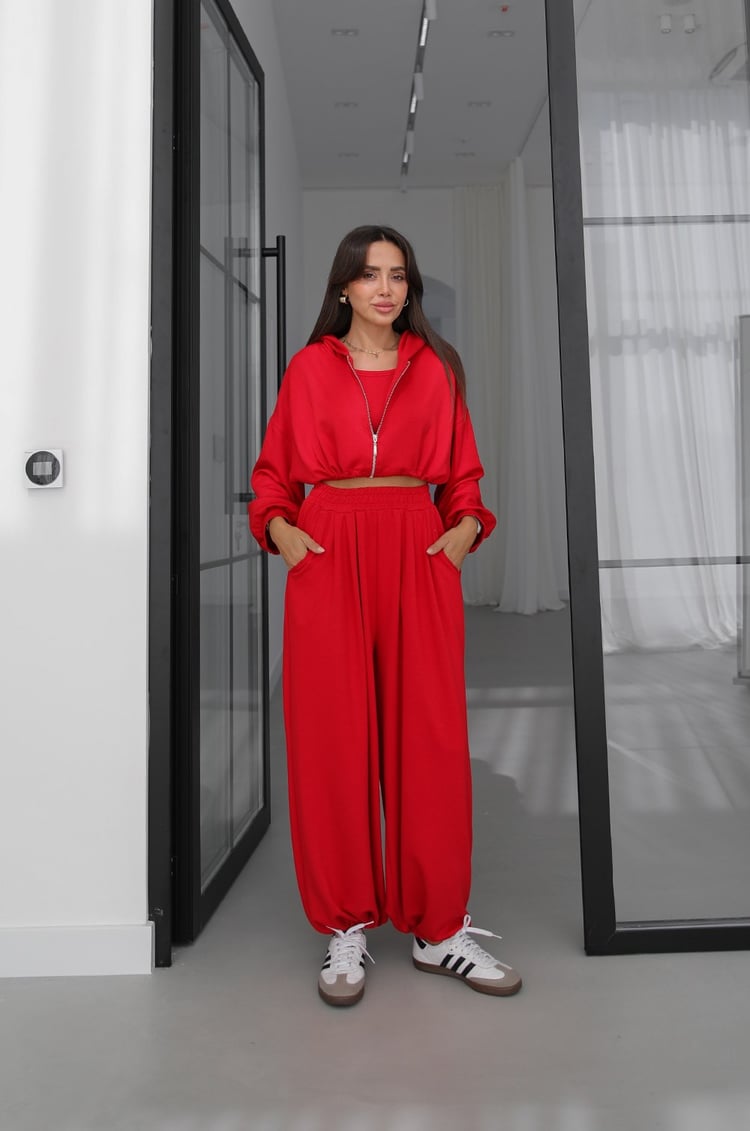 Kırmızı İp Büzgülü Sweat Atlet Pantolon Takım