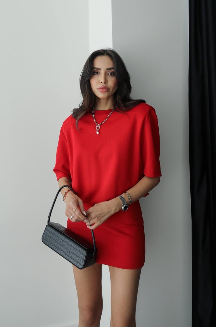 Kırmızı Kısa Kol Vatkalı Penye Elbise