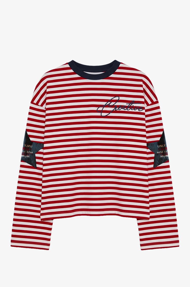 Kırmızı Kolları Yıldız Baskılı Çizgili İnce Sweatshirt 