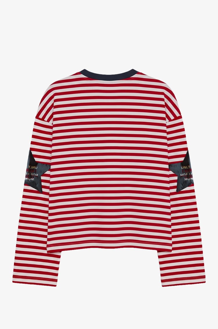 Kırmızı Kolları Yıldız Baskılı Çizgili İnce Sweatshirt 