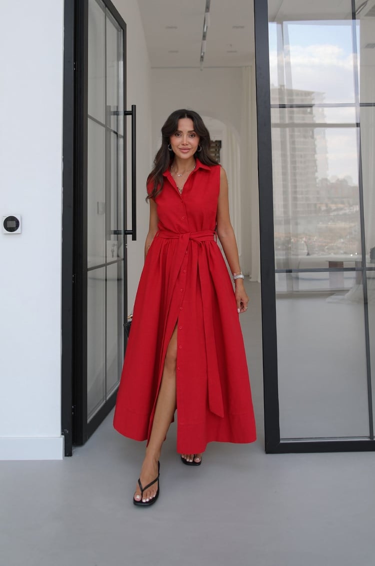 Kırmızı Kuşaklı Gömlek Elbise