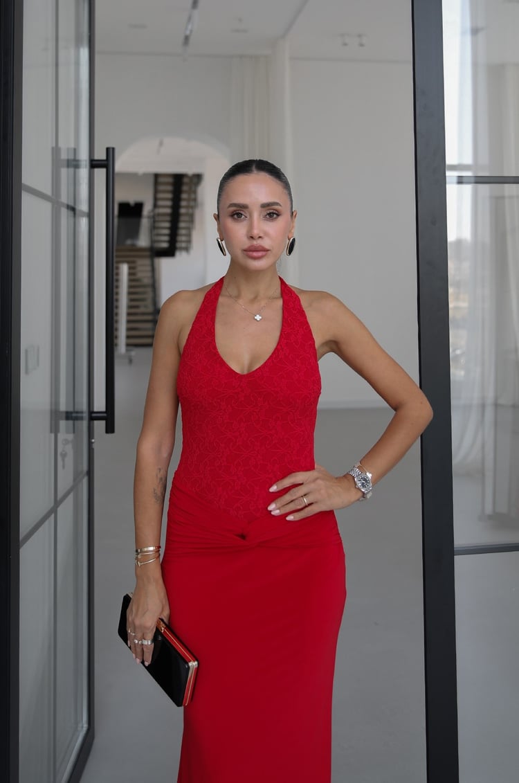 Kırmızı Lace Boyundan Bağlamalı Elbise