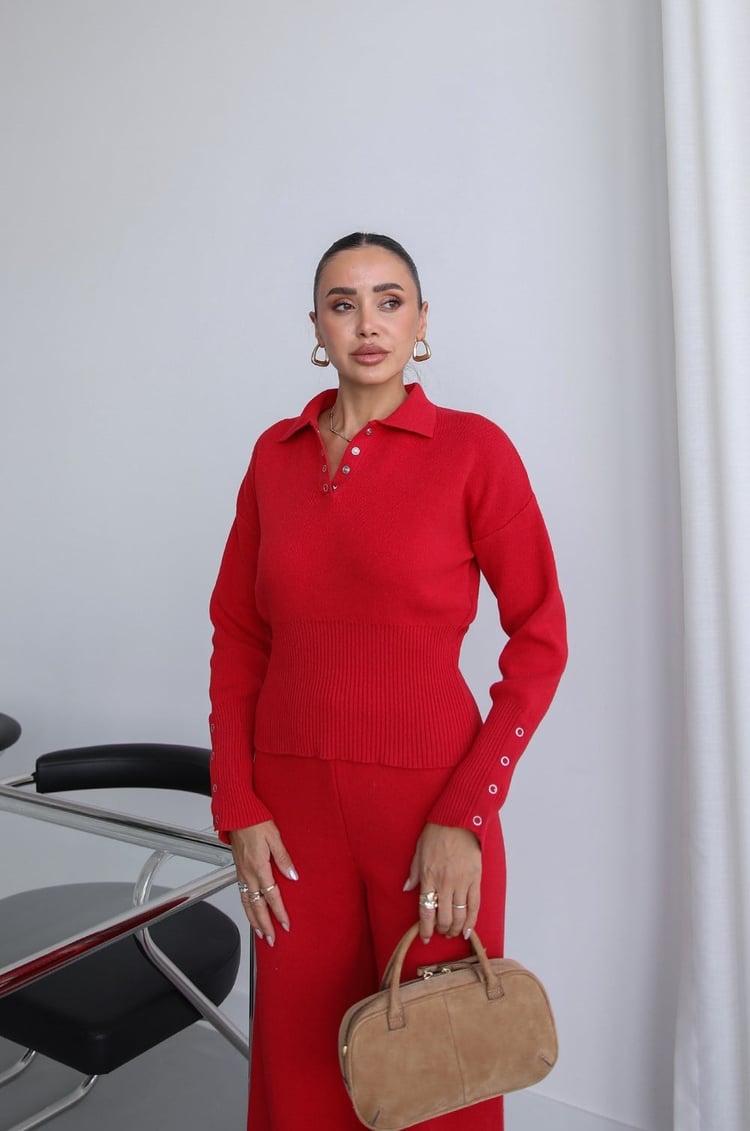 Kırmızı Lara Triko Bluz Pantolon Takım