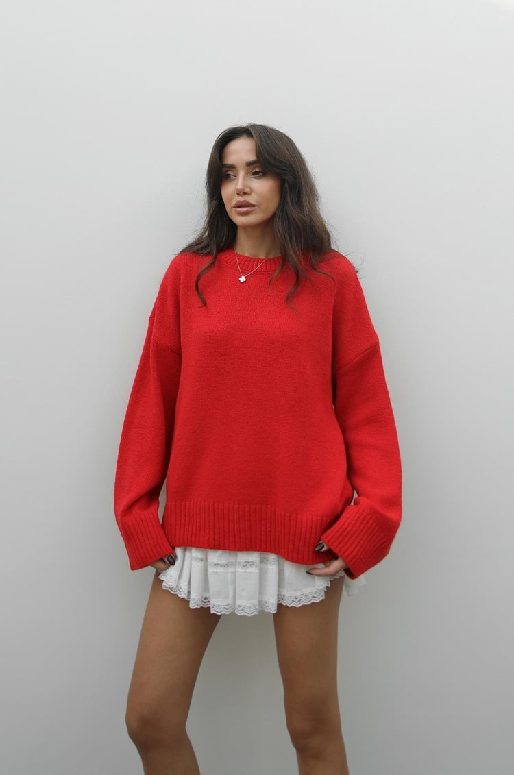 Kırmızı Mary Bisiklet Yaka Oversize Triko Kazak