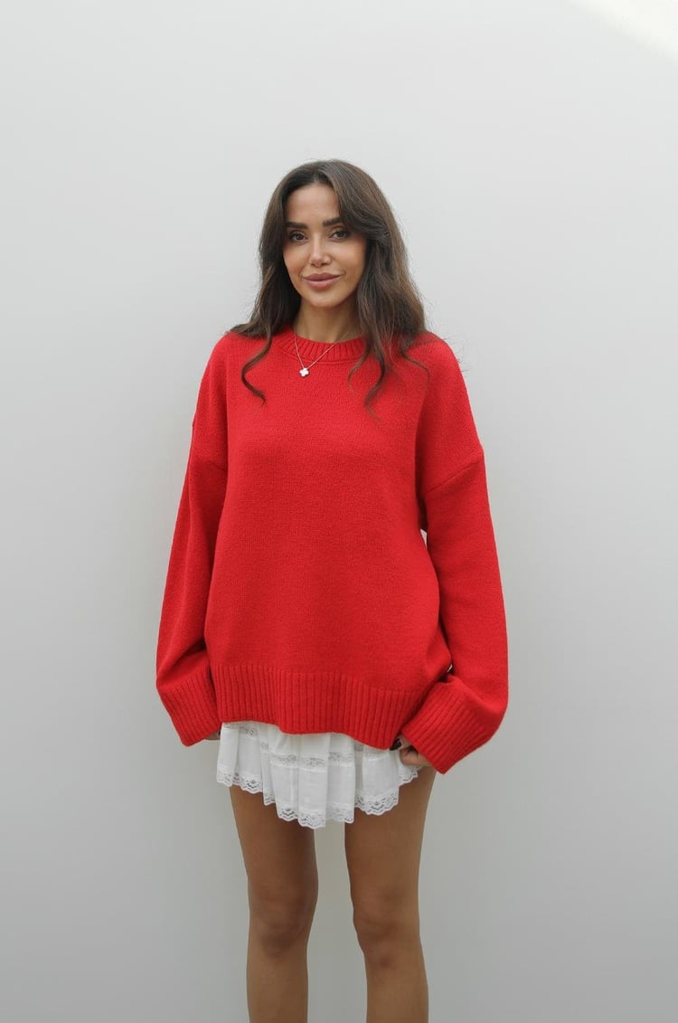 Kırmızı Mary Bisiklet Yaka Oversize Triko Kazak