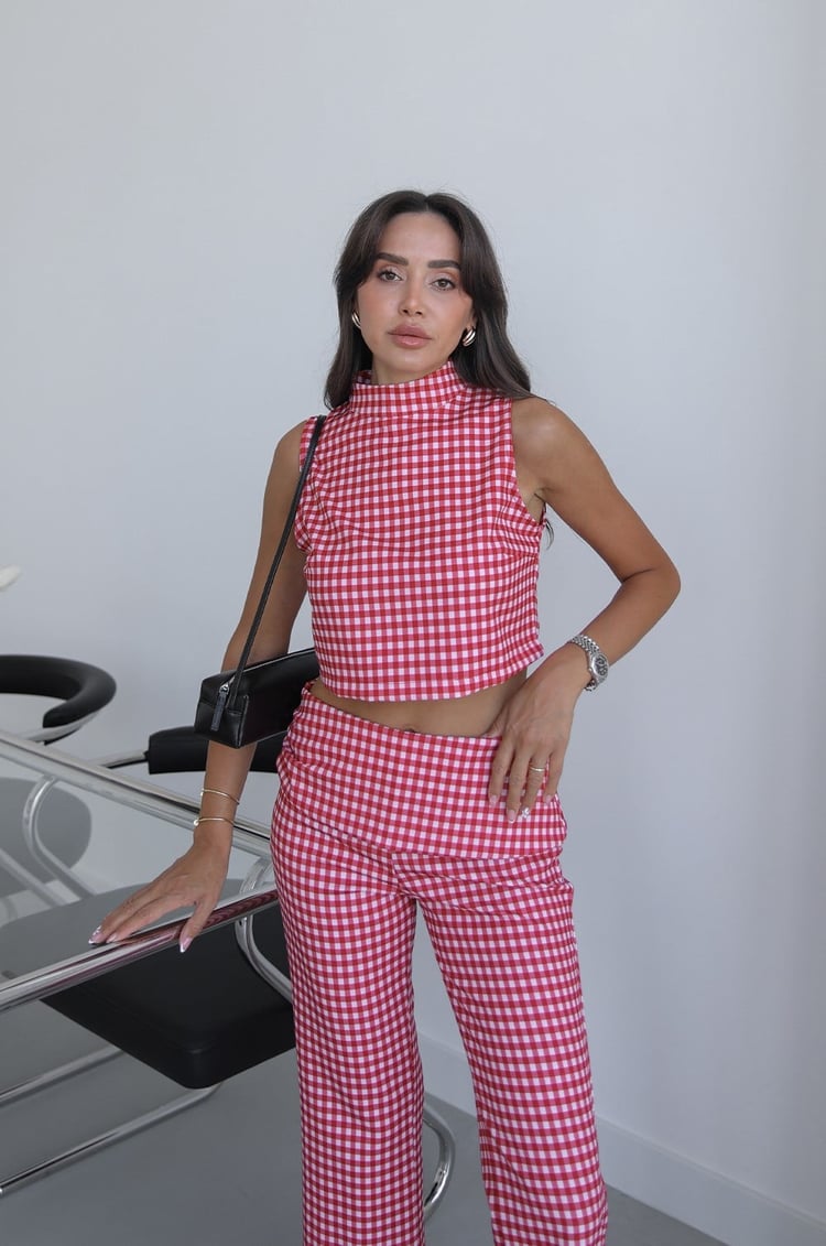 Kırmızı Pötikareli Bluz Pantolon Takım