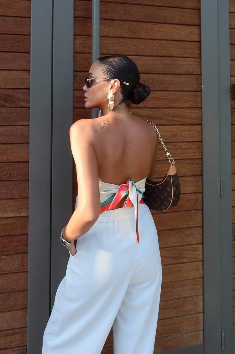 Kırmızı Shawl Desenli Arkası Bağlamalı Bluz