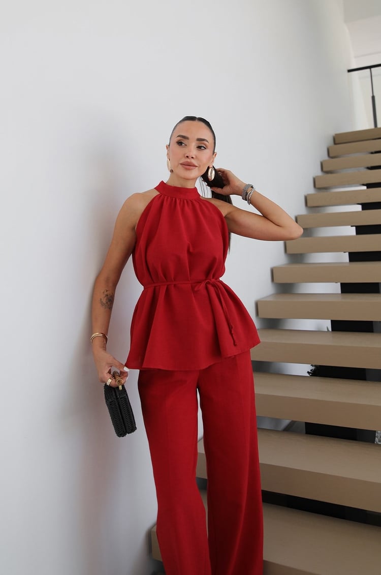Kırmızı Veral Bluz Pantolon Keten Takım