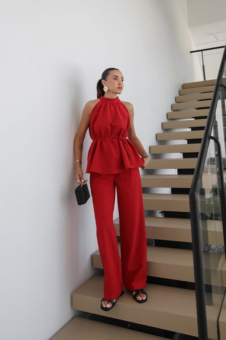 Kırmızı Veral Bluz Pantolon Keten Takım