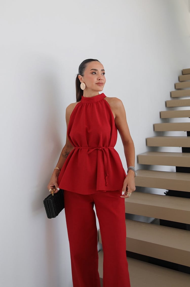 Kırmızı Veral Bluz Pantolon Keten Takım