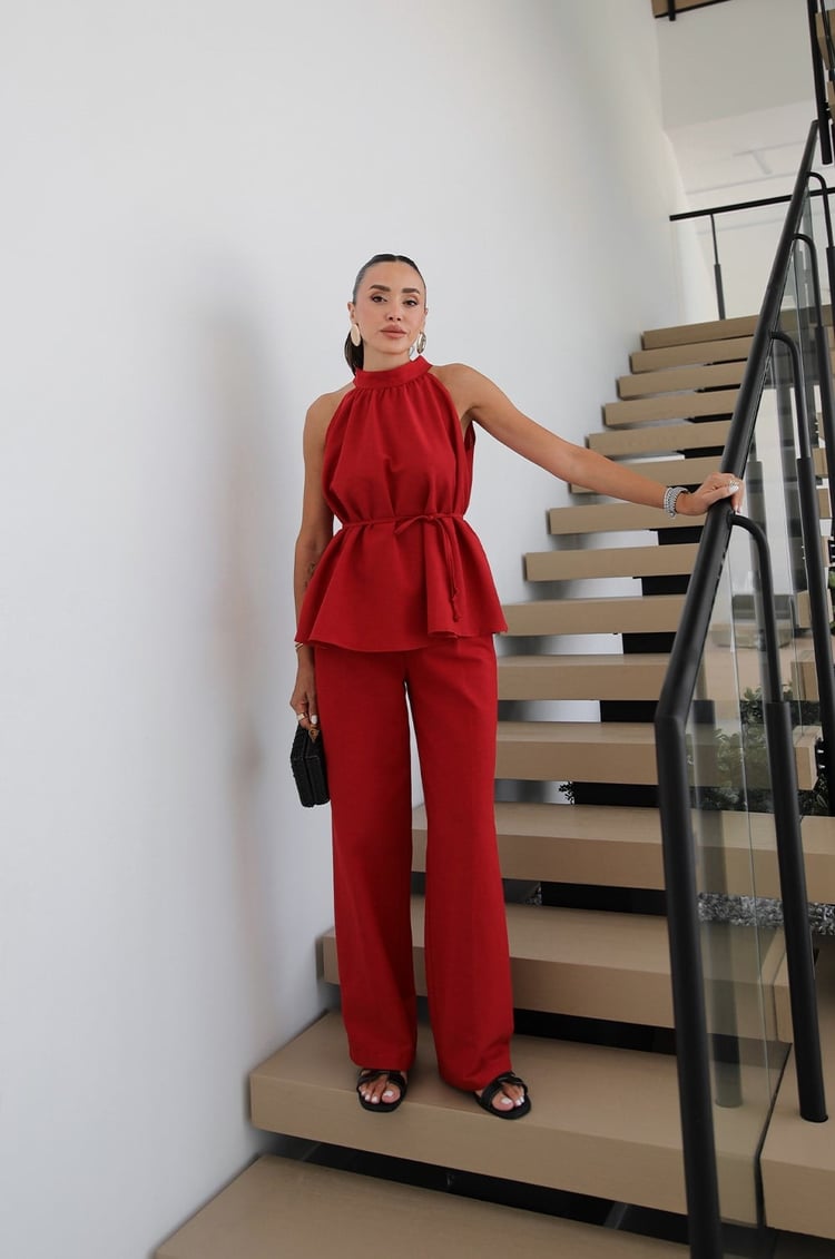 Kırmızı Veral Bluz Pantolon Keten Takım