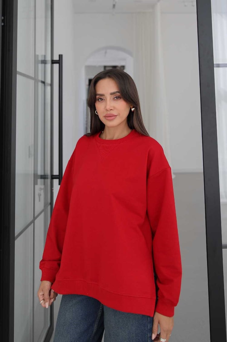 Kırmızı Yanları Yırtmaçlı Oversize Sweatshirt