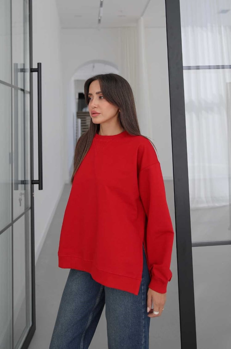 Kırmızı Yanları Yırtmaçlı Oversize Sweatshirt
