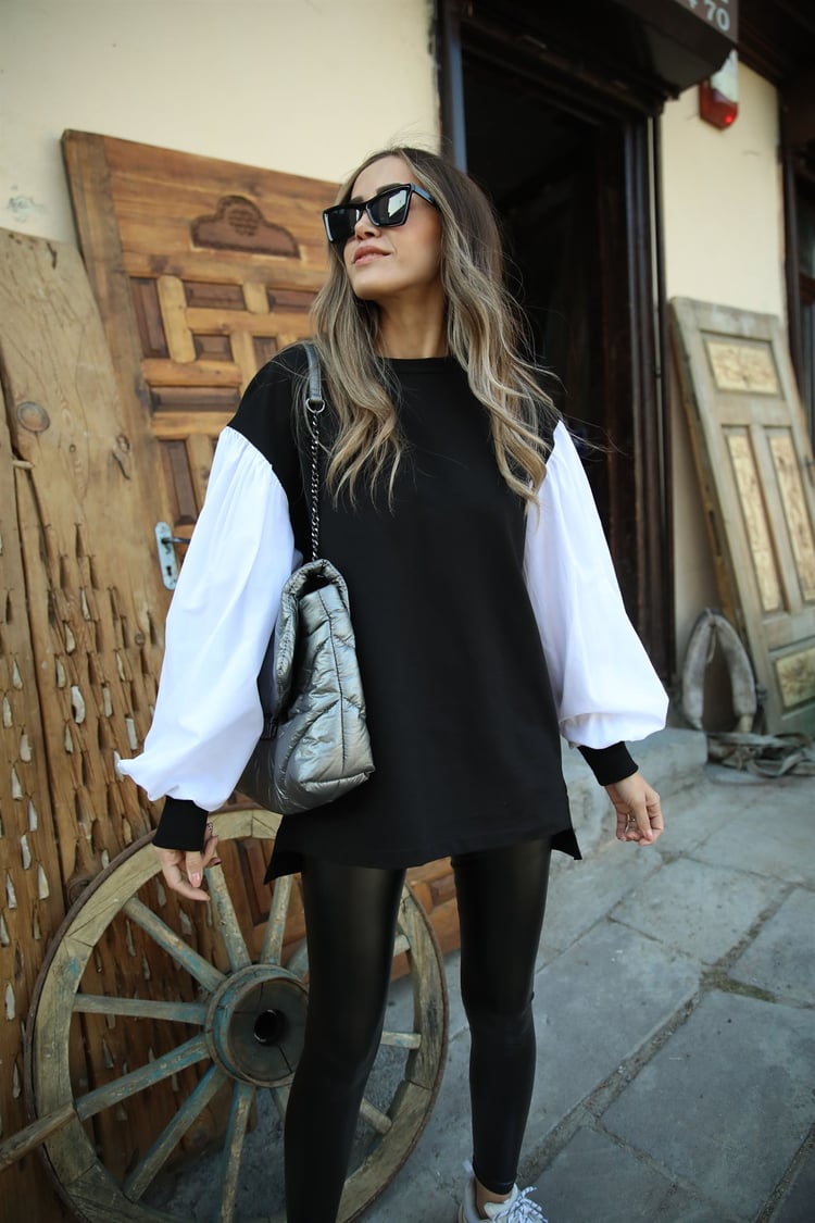 Kolları Beyaz Poplin Sweatshirt