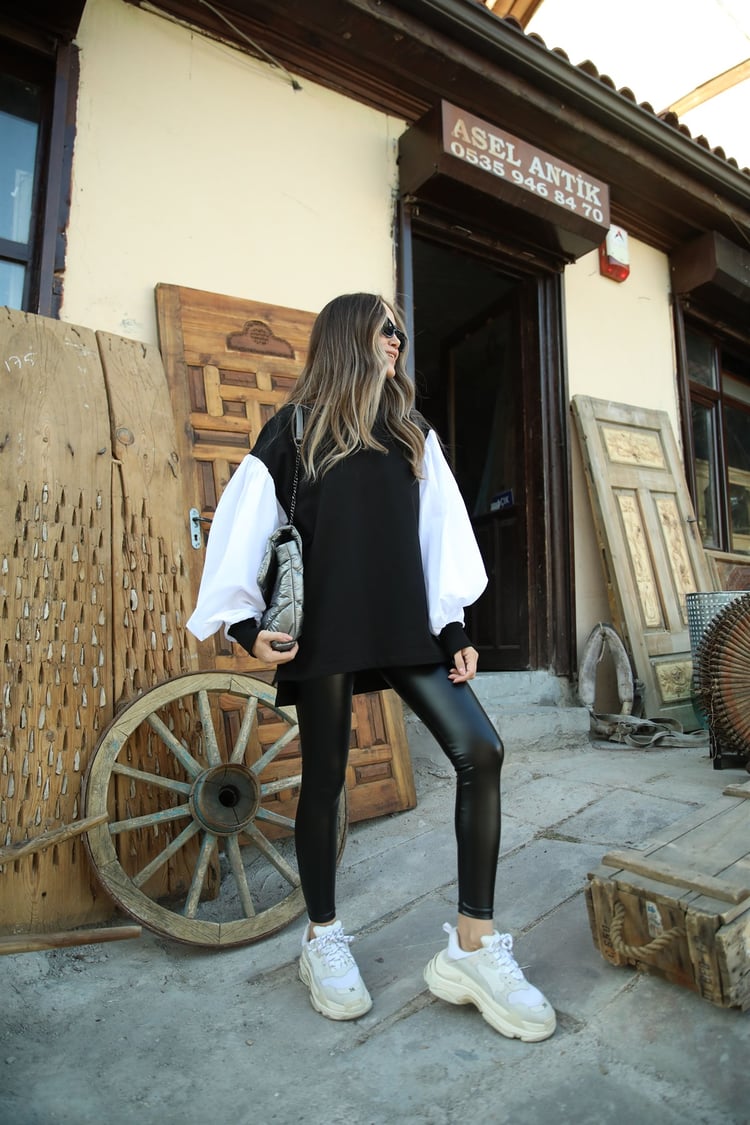 Kolları Beyaz Poplin Sweatshirt