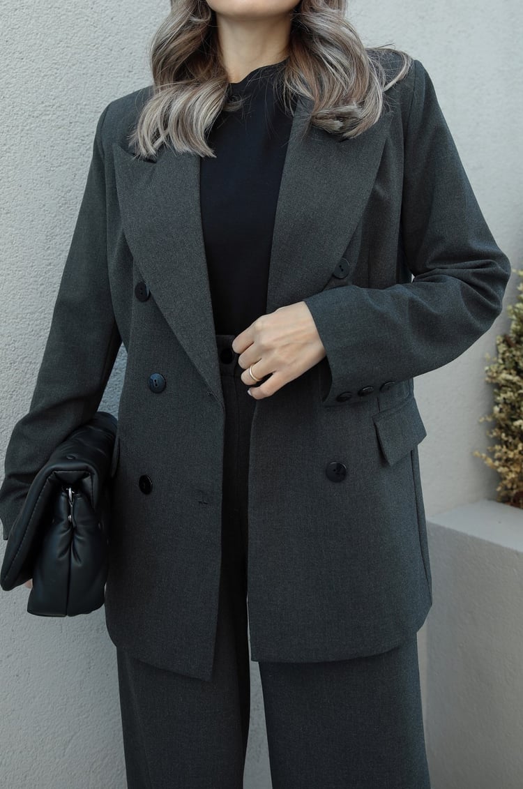 Koyu Gri Blazer Ceket Palazzo Takım