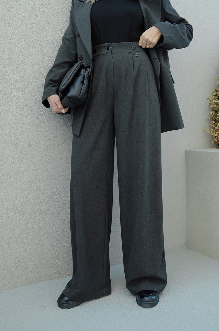 Koyu Gri Blazer Ceket Palazzo Takım