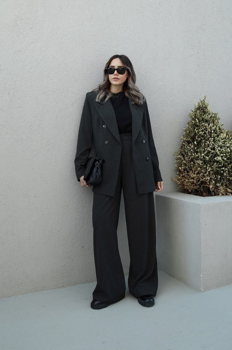 Koyu Gri Blazer Ceket Palazzo Takım