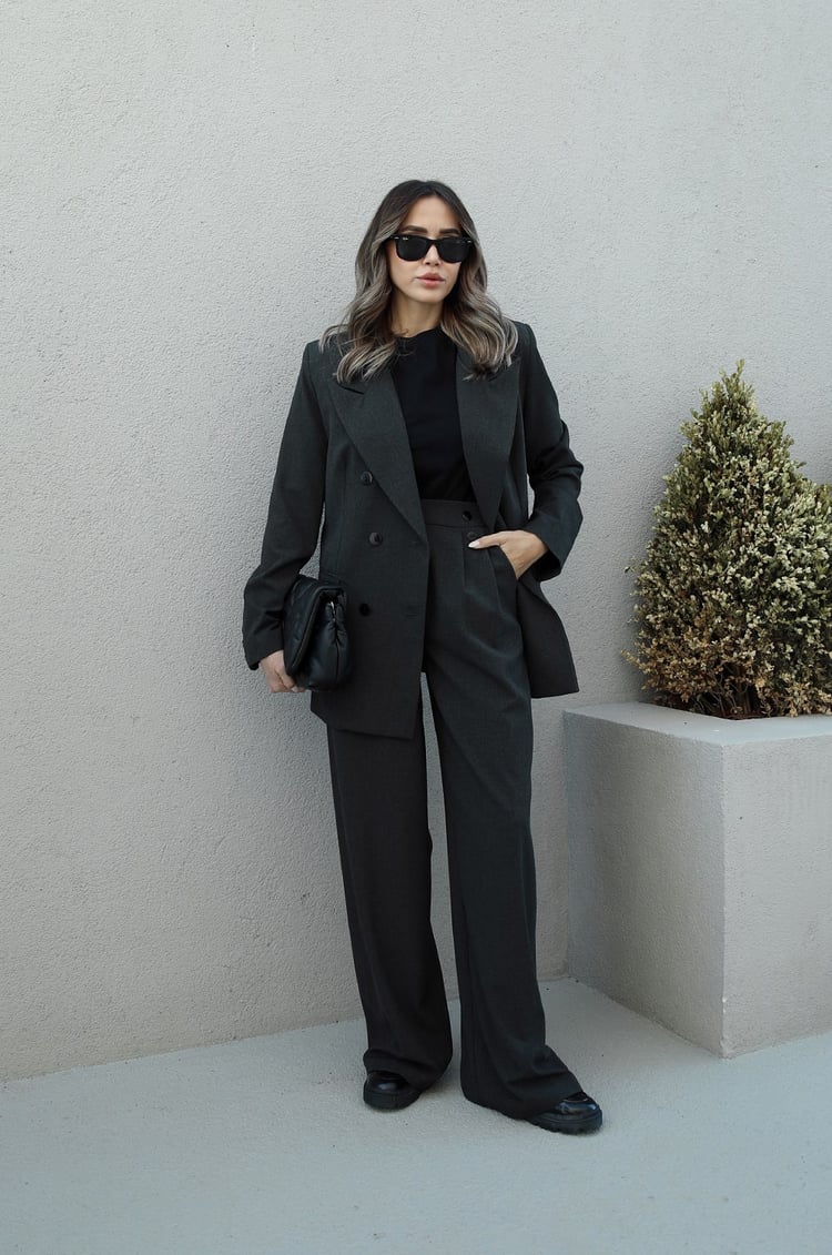 Koyu Gri Blazer Ceket Palazzo Takım