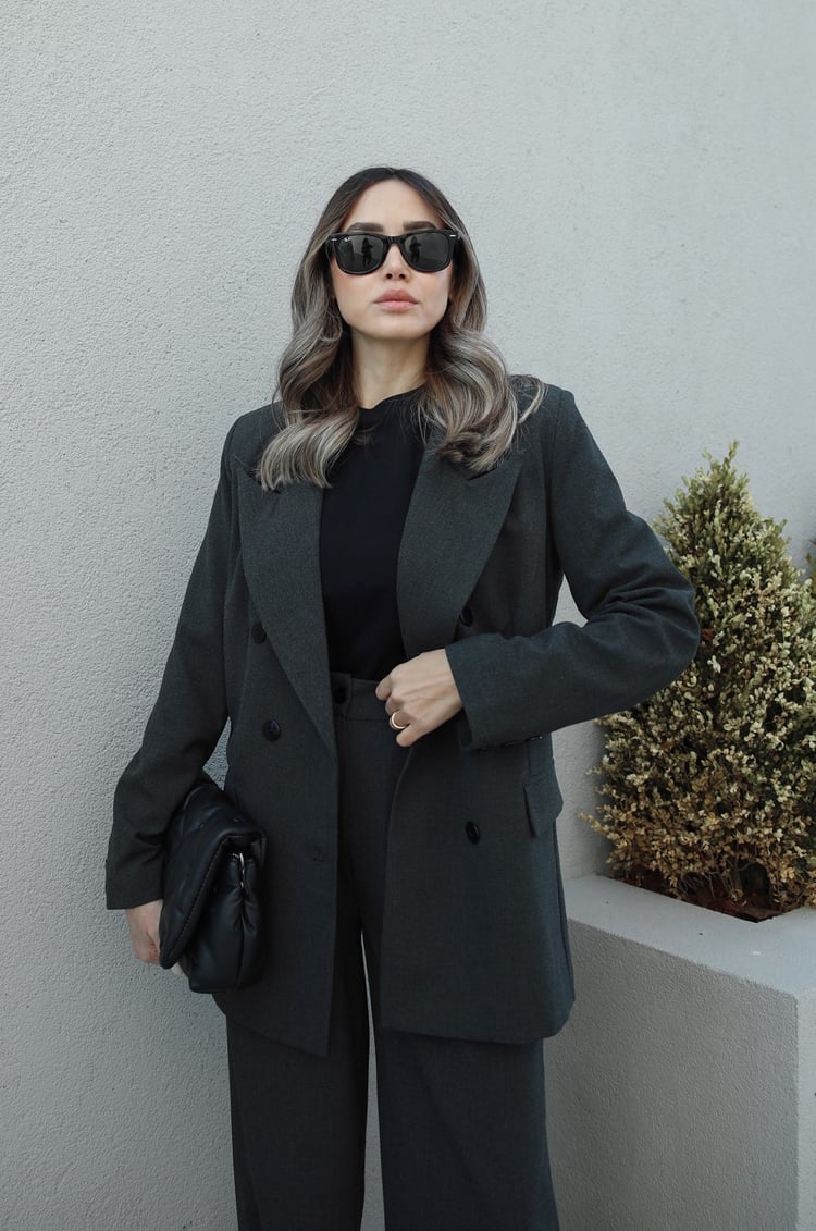 Koyu Gri Blazer Ceket Palazzo Takım