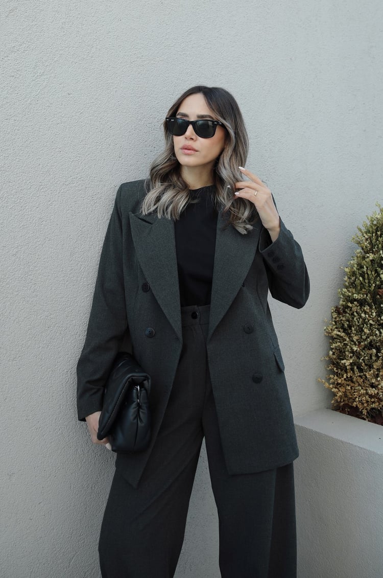 Koyu Gri Blazer Ceket Palazzo Takım