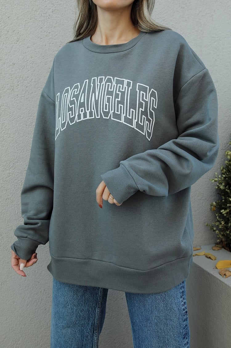 Koyu Gri Losangeles Baskılı Sweatshirt