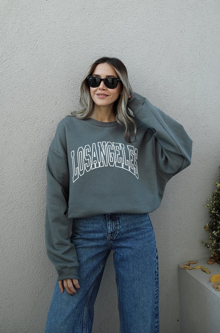 Koyu Gri Losangeles Baskılı Sweatshirt