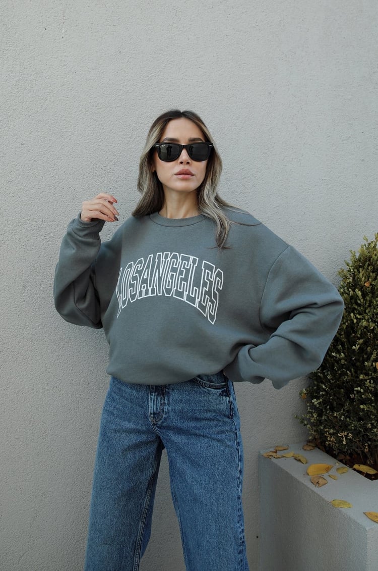 Koyu Gri Losangeles Baskılı Sweatshirt