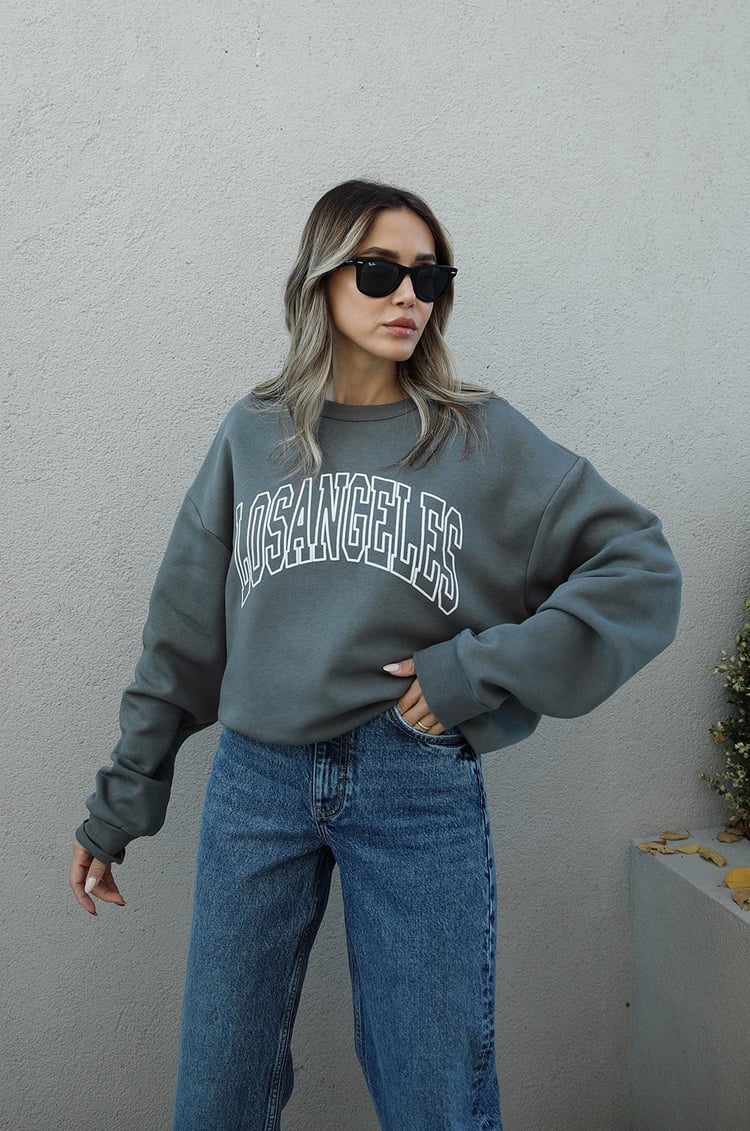 Koyu Gri Losangeles Baskılı Sweatshirt