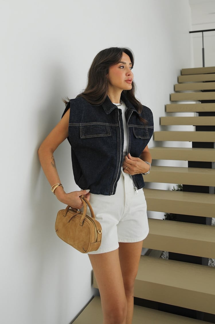 Koyu Lacivert Fermuarlı Denim Yelek