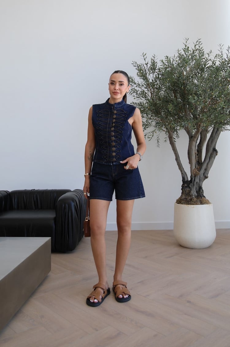 Koyu Lacivert Milano Yelek Şort Denim Takım 