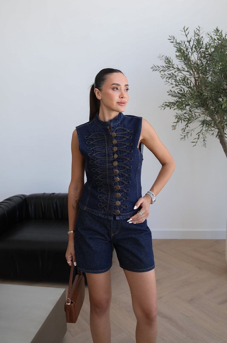 Koyu Lacivert Milano Yelek Şort Denim Takım 