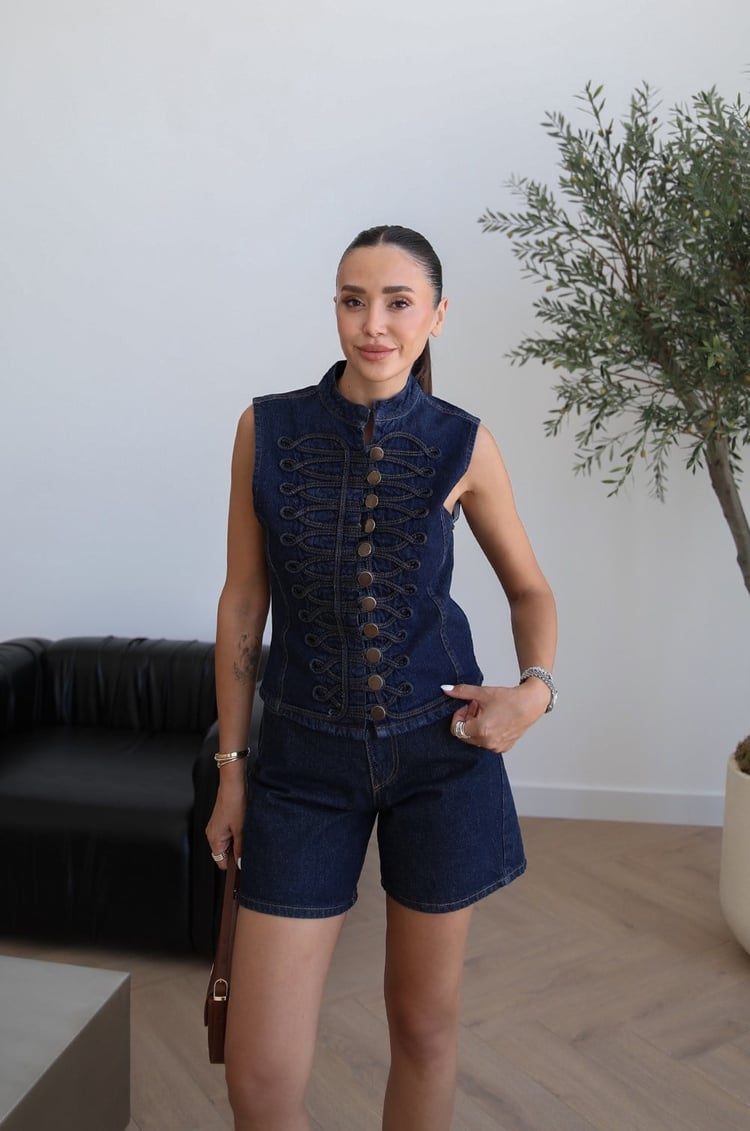 Koyu Lacivert Milano Yelek Şort Denim Takım 