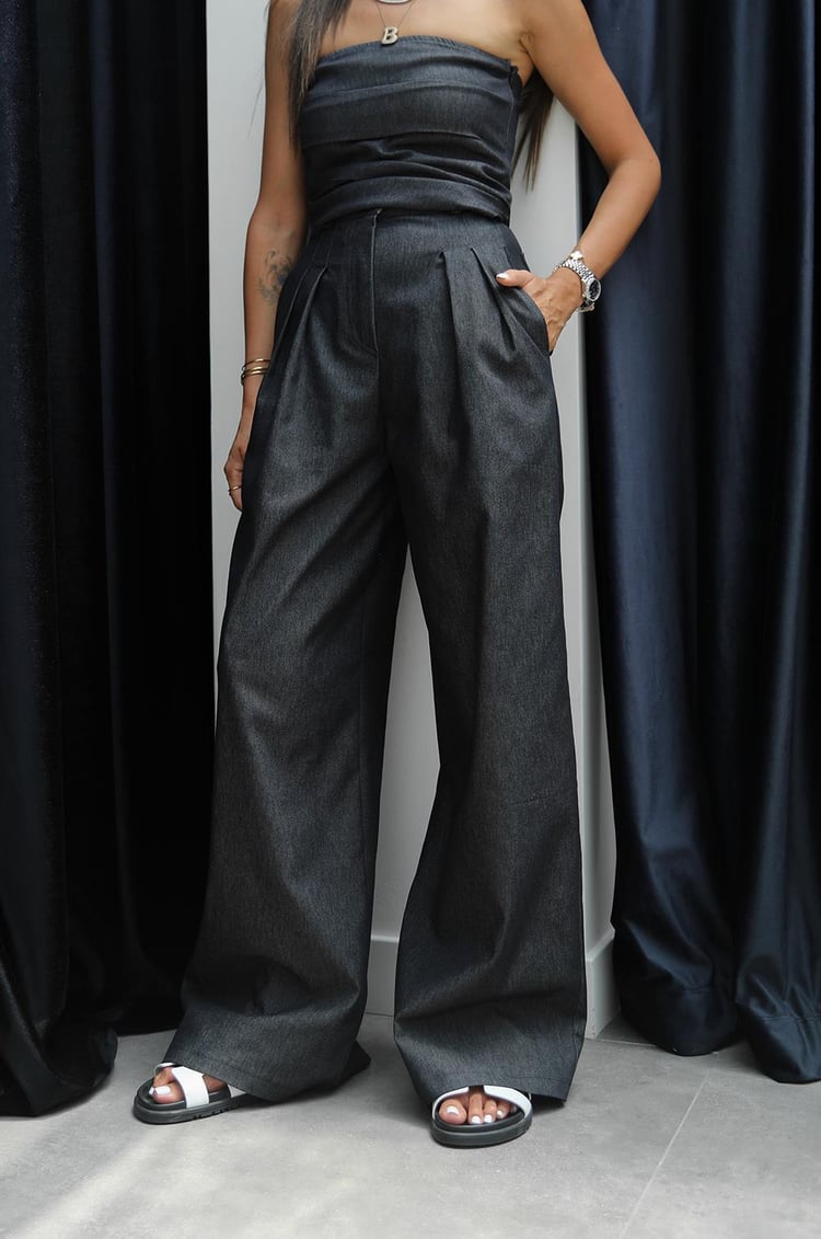 Koyu Lacivert Straplez Denim Takım