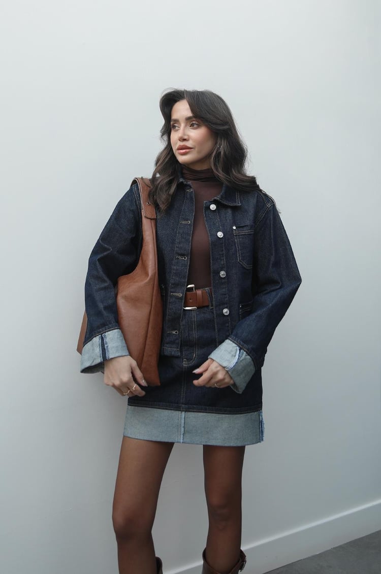 Koyu Lacivert Ters Dikiş Detaylı Denim Takım