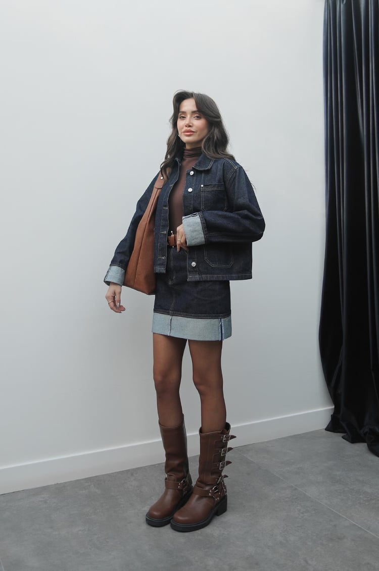 Koyu Lacivert Ters Dikiş Detaylı Denim Takım