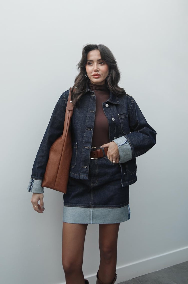 Koyu Lacivert Ters Dikiş Detaylı Denim Takım