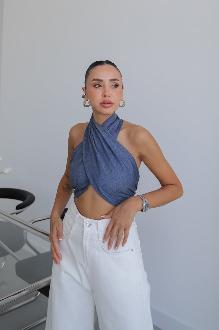 Koyu Mavi Çapraz Boyundan Bağlamalı Bluz