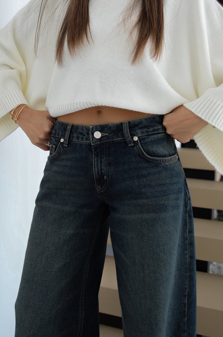 Koyu Mavi Düşük Bel Wide Leg Jean